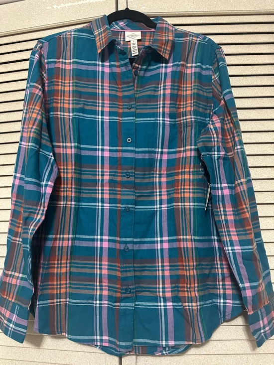 St. John's Bay Tops - St. John's Bay Teal Plaid Button-Down Shirt with Pink and Orange Stripes